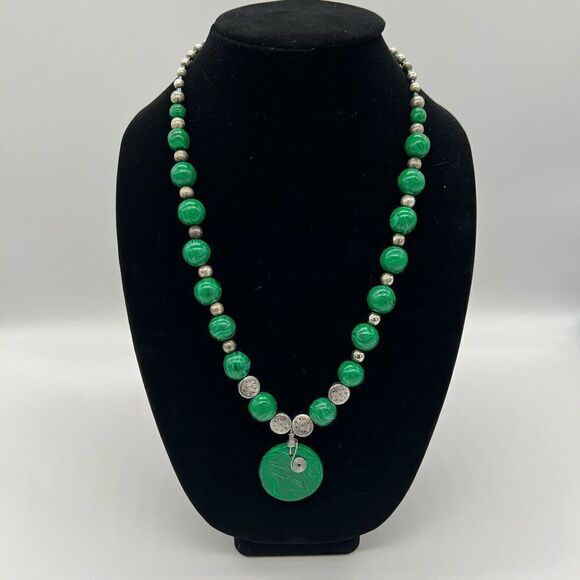 Handmade Faux Malachite Polymer Clay and Silver tone Bead Artisan Boho necklace